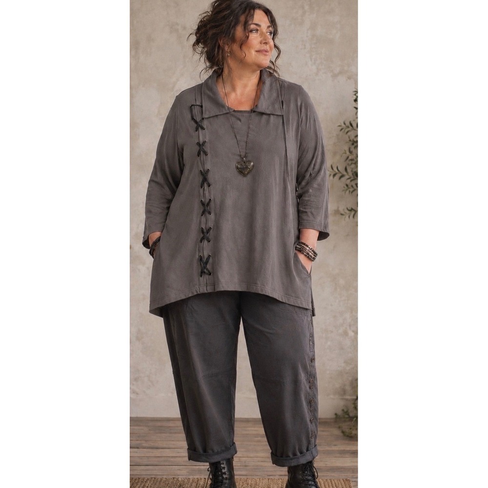 The Pyramid Collection  Gray  Cotton Full Side Zip Tunic Jacket  3X Lagenlook